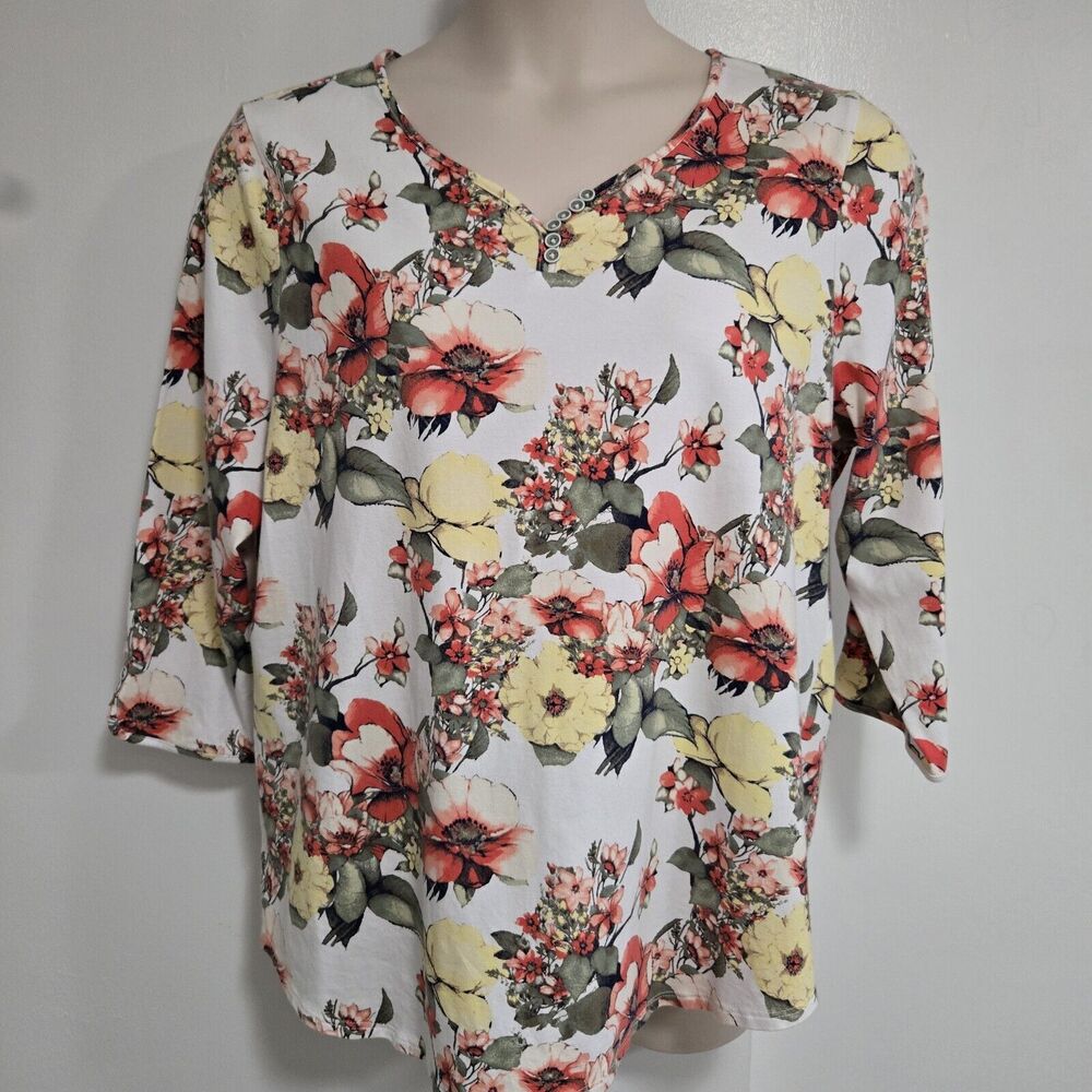 Chico's Sz 3 (XL) Coral Multi 3/4 Sleeve Sweetheart Neckline w/ Button Detail